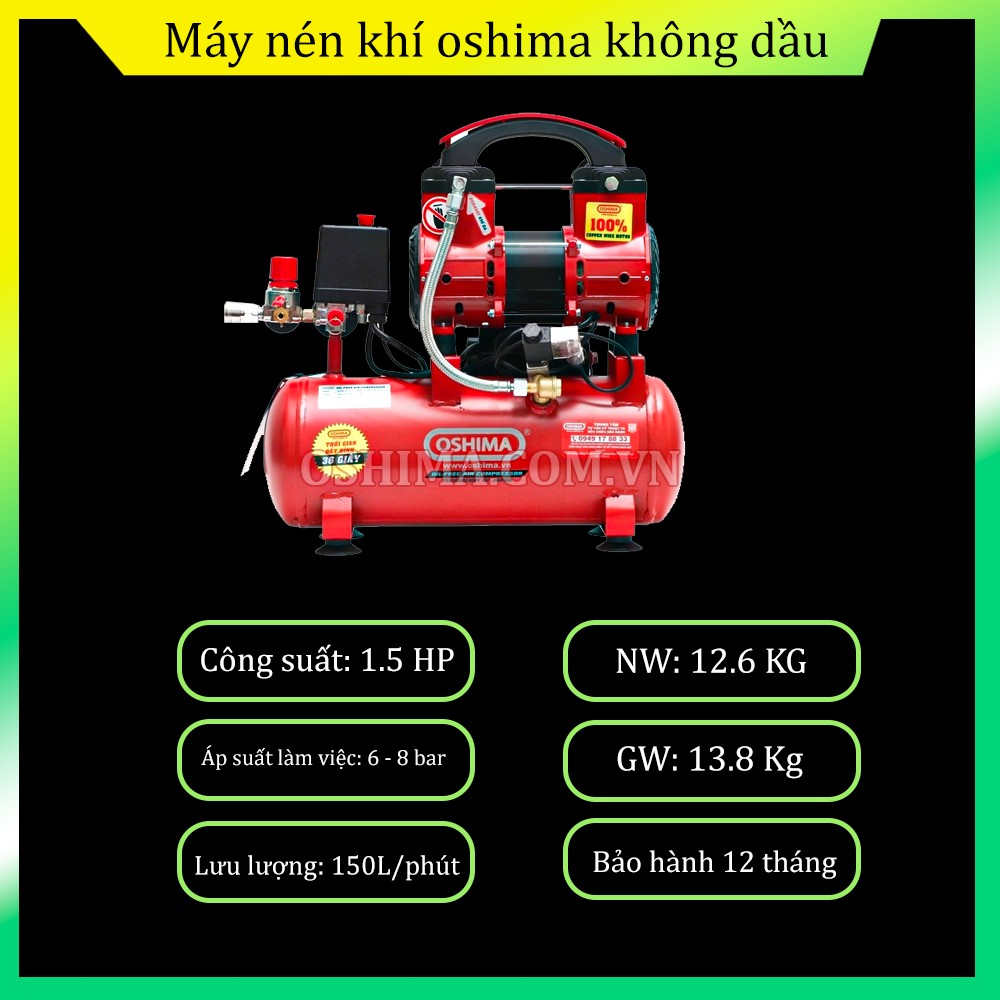 Thông số của máy nén khí không dầu Oshima 12-1.5 1.5HP Đỏ Điện 1 pha