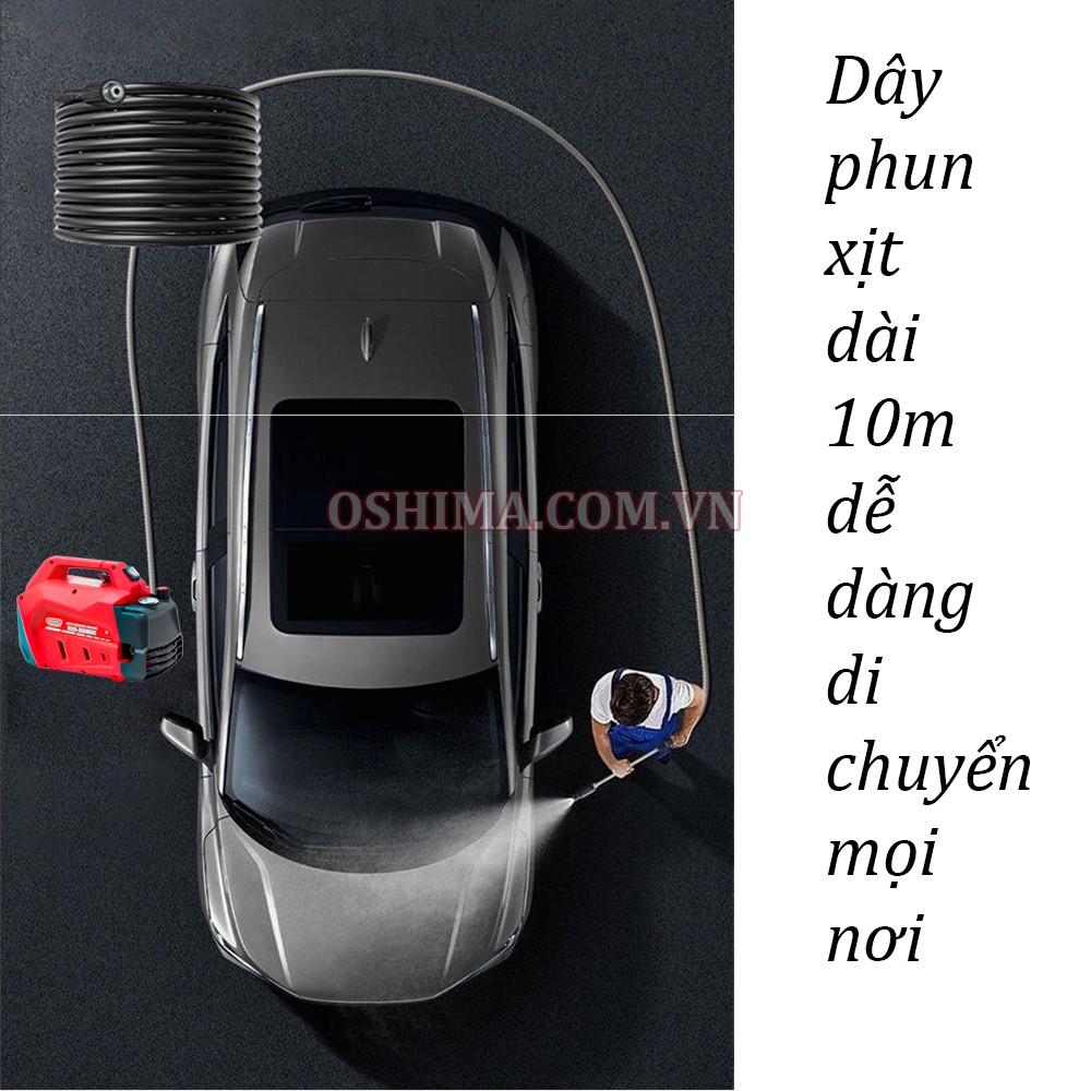 Máy xịt rửa Oshima MXR JZ1050C sử dụng dây phun dài tới 10m